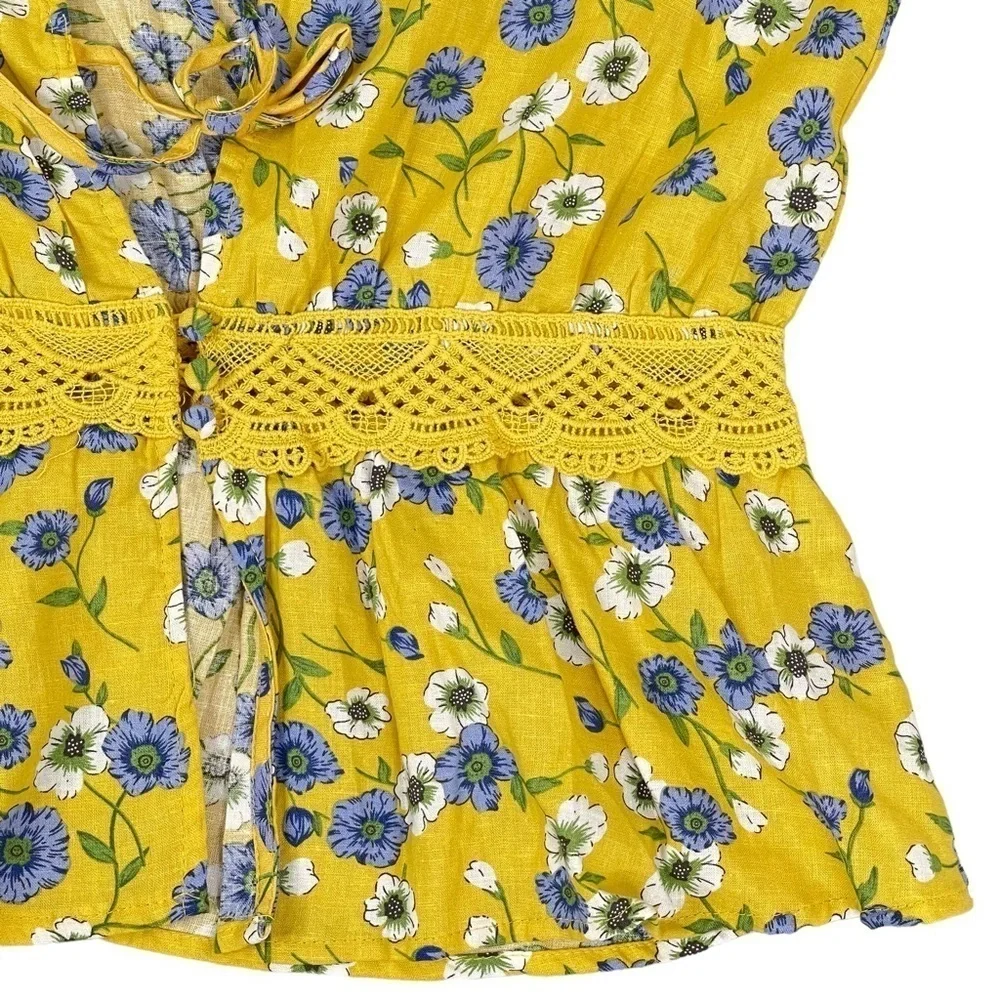 Cupcakes and Cashmere Floral Top Small Yellow Keyhole Open Back Linen Blend - Picture 13 of 16